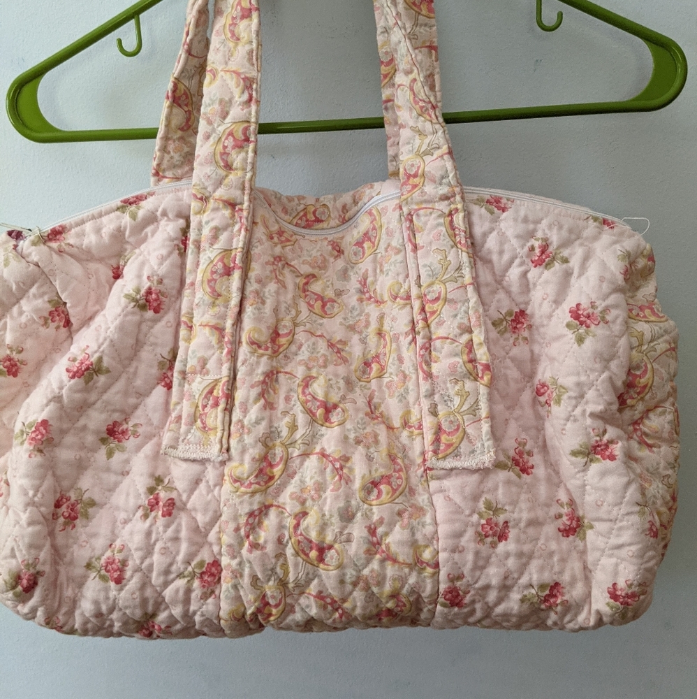 Handcrafted Pink Floral/Paisley Duffle Quilted Fabric Shoulder Bag, Made in USA - Picture 2 of 7